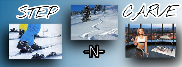 Artwork:  STEP-N-CARVE printed in three separate places across three matching pictures and meanings of  the same image.  For example, Step means step in bindings of skis already pictured in the whole image itself.  The same goes for the two others.